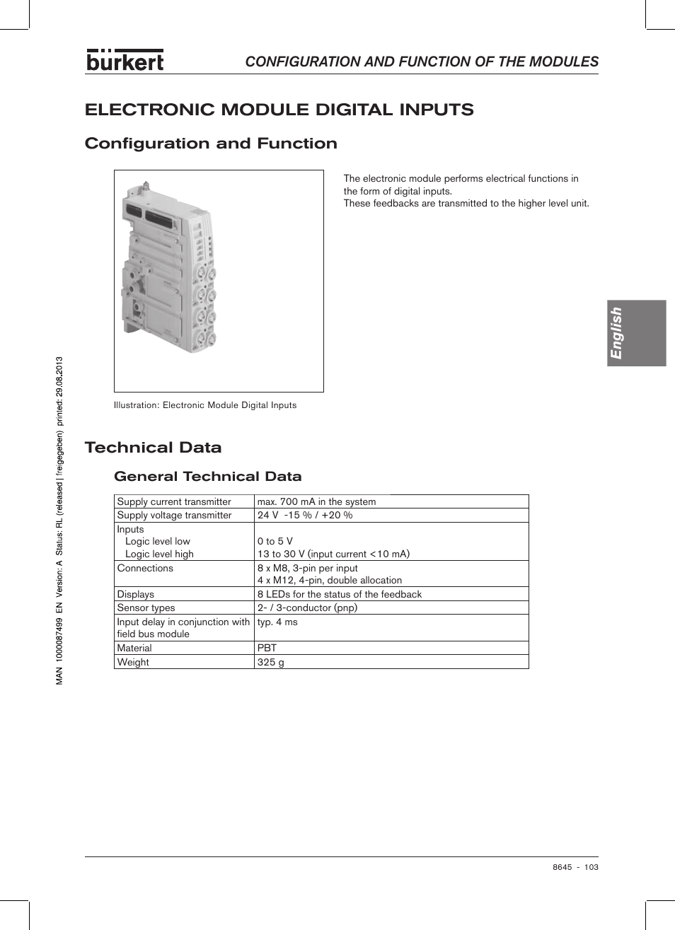 Electronic module digital inputs, Configuration and function, Technical data | General technical data, Config�uration and function, Configuration and function of the modules english | Burkert Type 8645 User Manual | Page 103 / 174