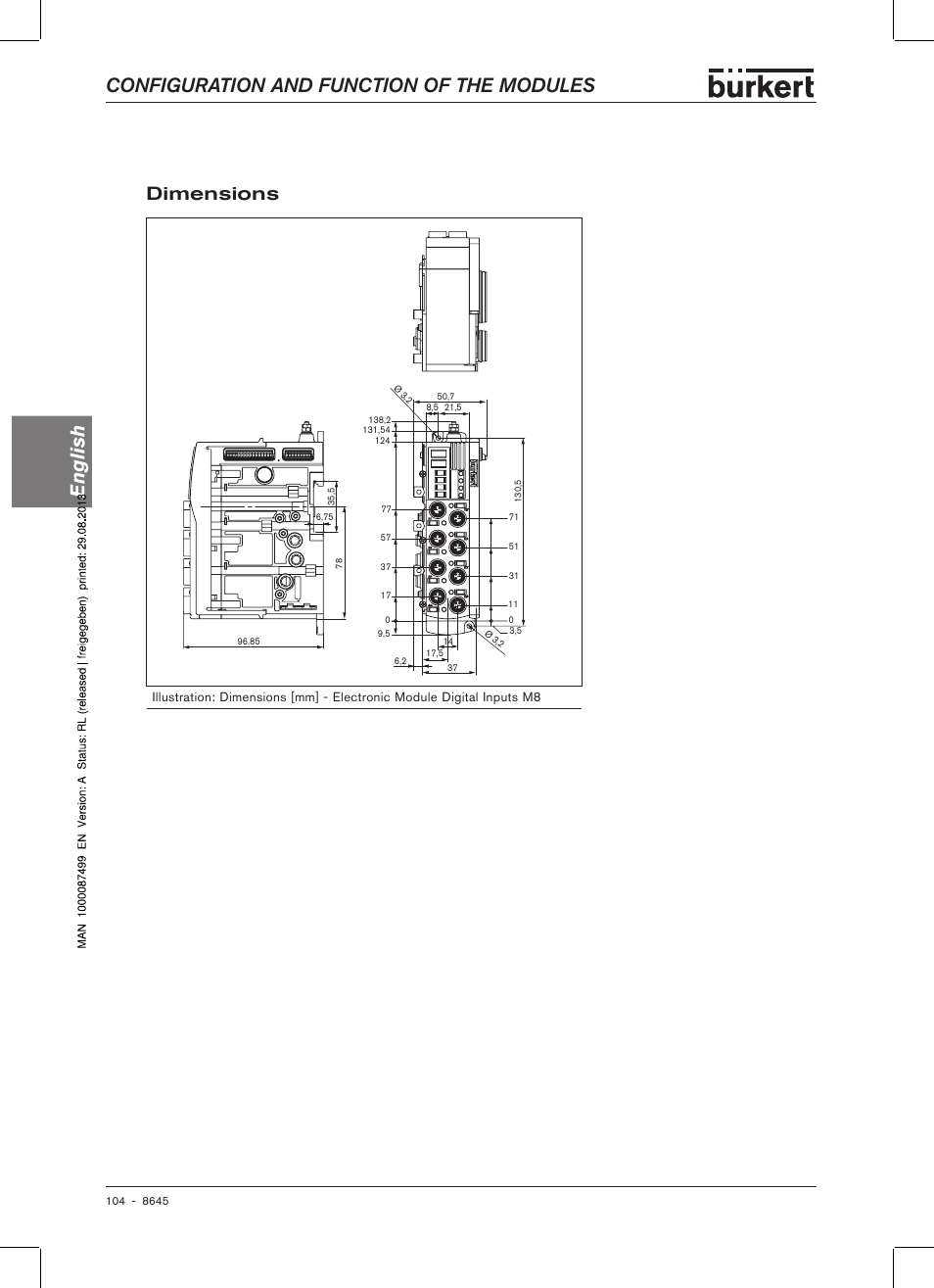 Dimensions, Configuration and function of the modules english | Burkert Type 8645 User Manual | Page 104 / 174