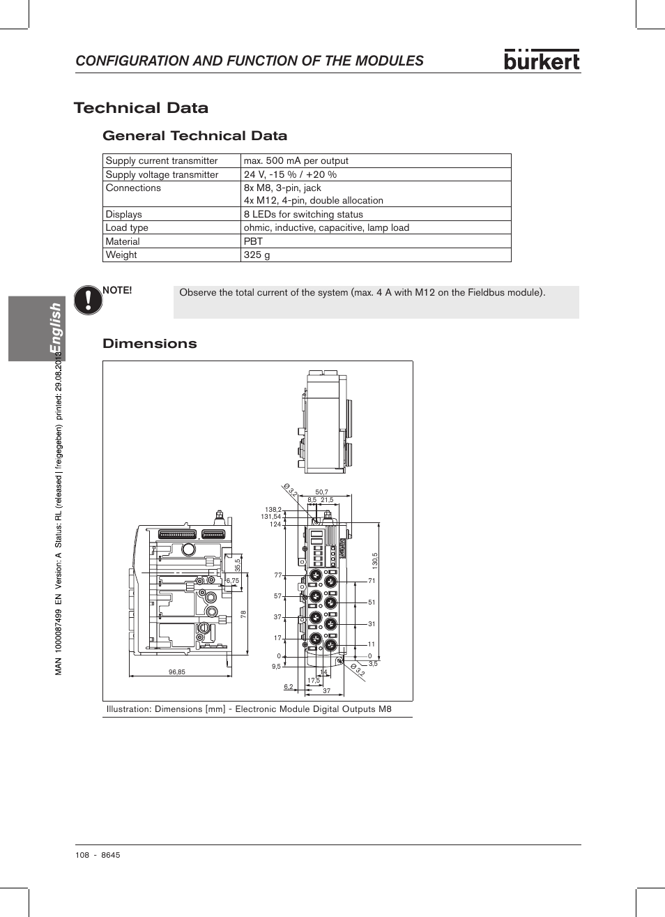 Technical data, General technical data, Dimensions | General technical data dimensions, Configuration and function of the modules english | Burkert Type 8645 User Manual | Page 108 / 174