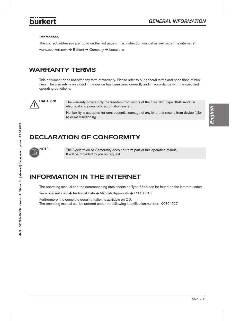 Warranty terms, Declaration of conformity, Information in the internet | General information english | Burkert Type 8645 User Manual | Page 11 / 174