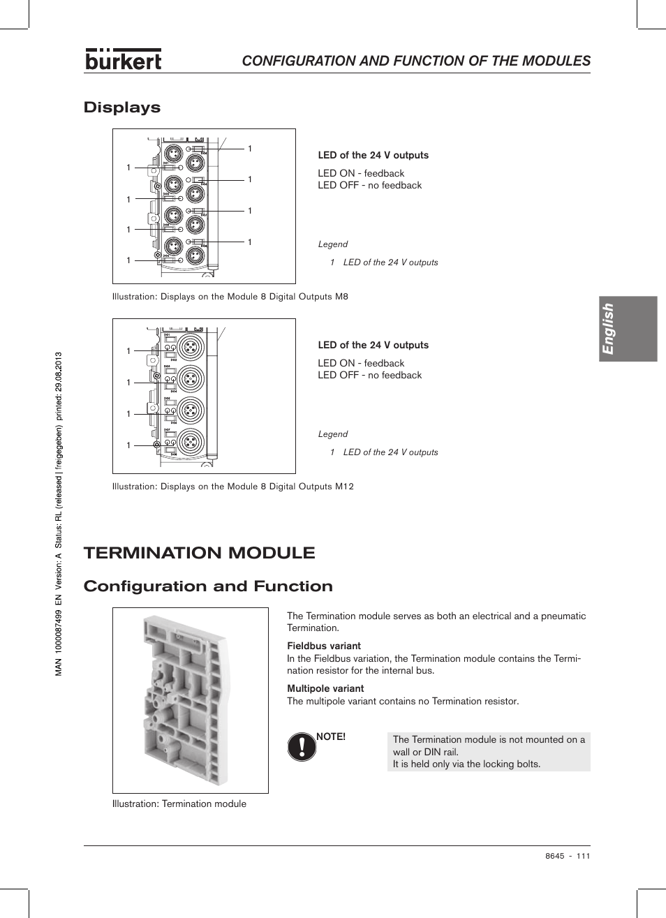 Termination module, Displays, Configuration and function | Config�uration and function, Configuration and function of the modules english | Burkert Type 8645 User Manual | Page 111 / 174