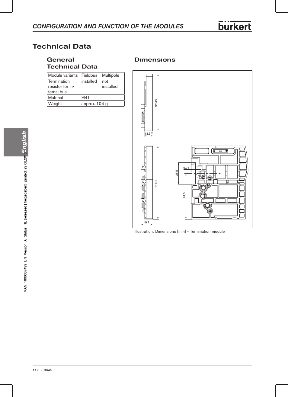 Technical data, General technical data, Dimensions | General technical data dimensions, Configuration and function of the modules english | Burkert Type 8645 User Manual | Page 112 / 174