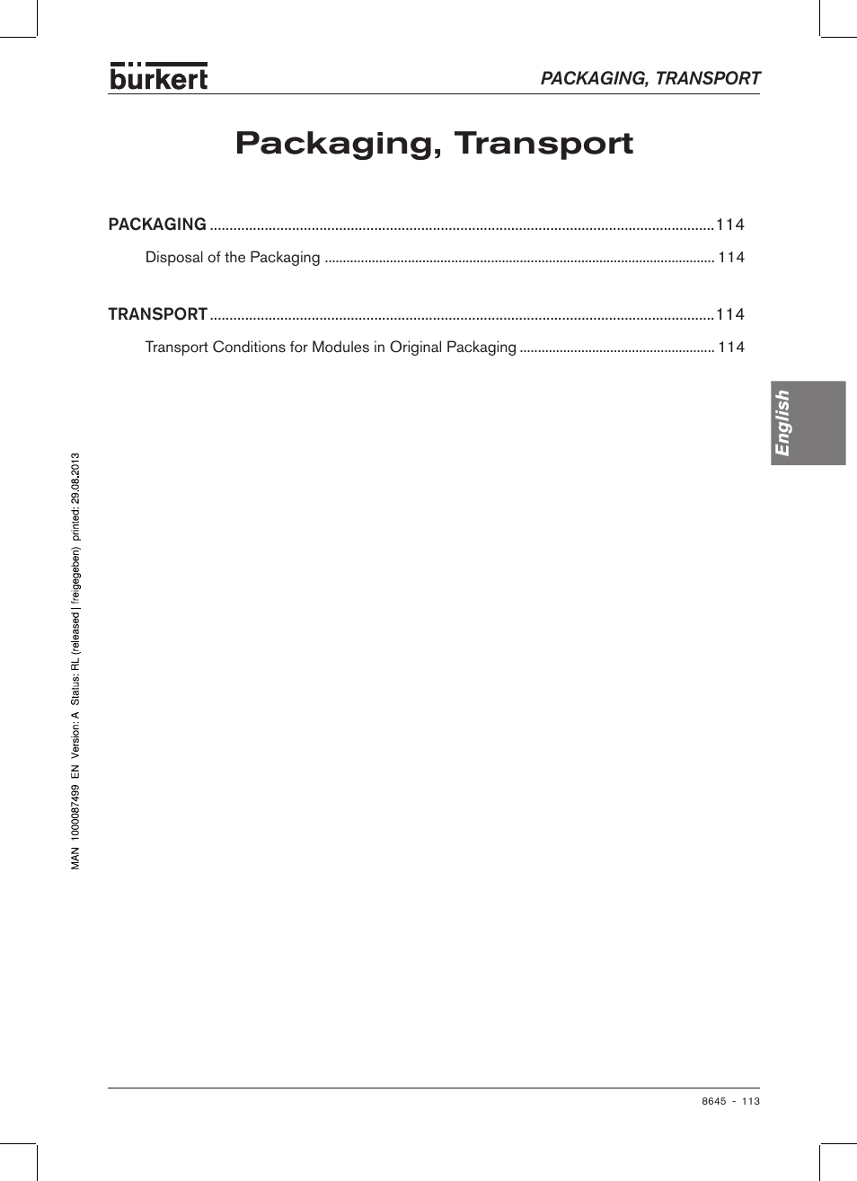 Packaging, transport, Packag�ing�, transport | Burkert Type 8645 User Manual | Page 113 / 174