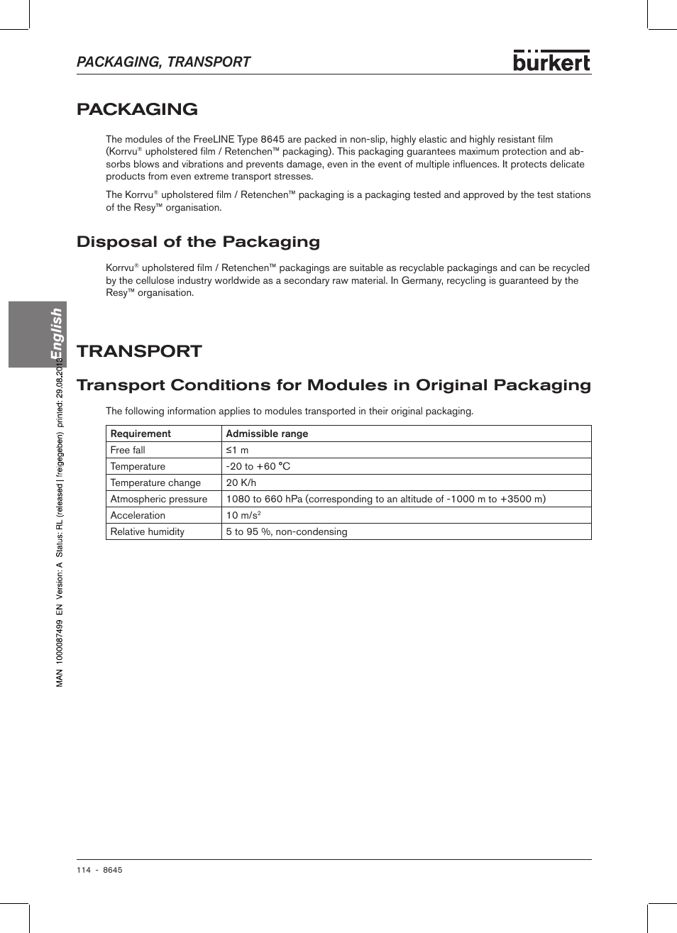 Packaging, Transport, Disposal of the packaging | Disposal of the packag�ing, Packaging, transport english | Burkert Type 8645 User Manual | Page 114 / 174