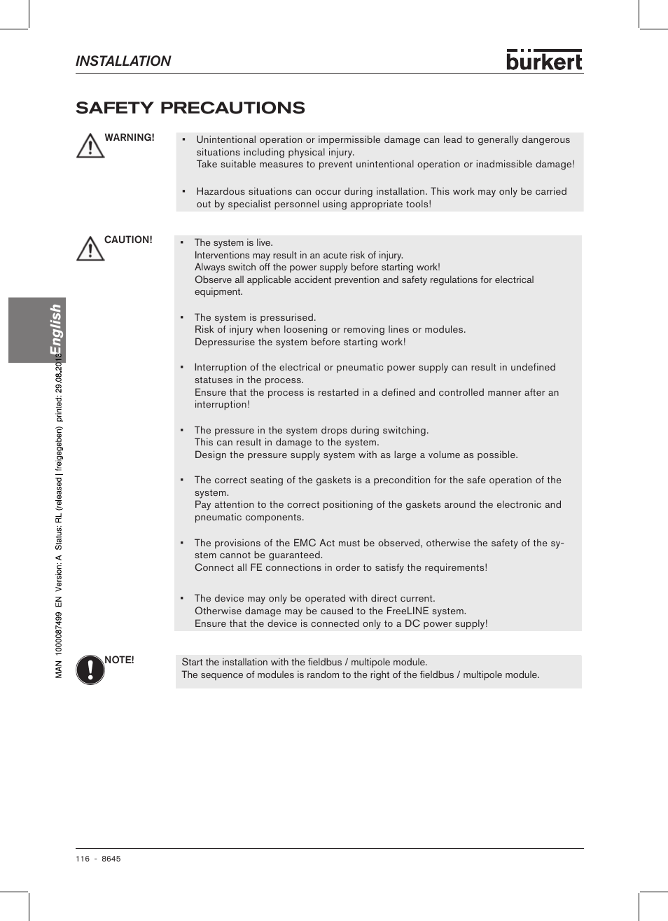 Safety precautions, Installation english | Burkert Type 8645 User Manual | Page 116 / 174