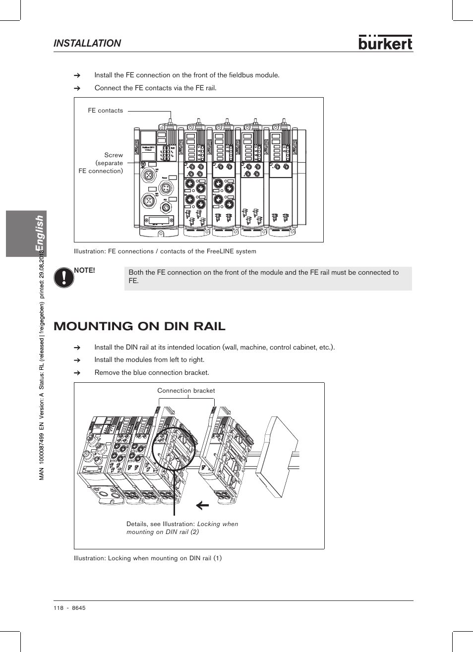 Mounting on din rail, Installation english | Burkert Type 8645 User Manual | Page 118 / 174