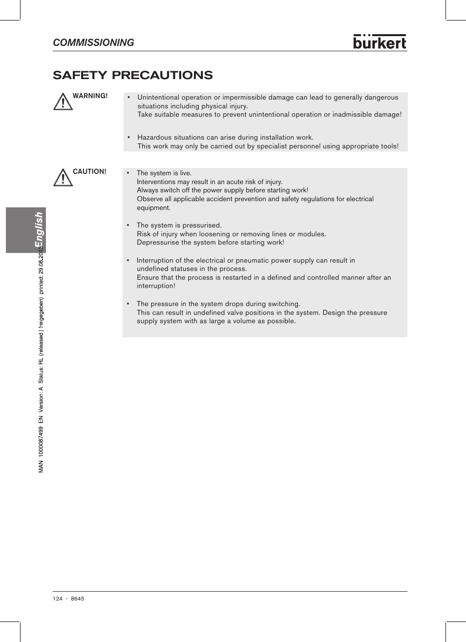 Safety precautions, Commissioning english | Burkert Type 8645 User Manual | Page 124 / 174