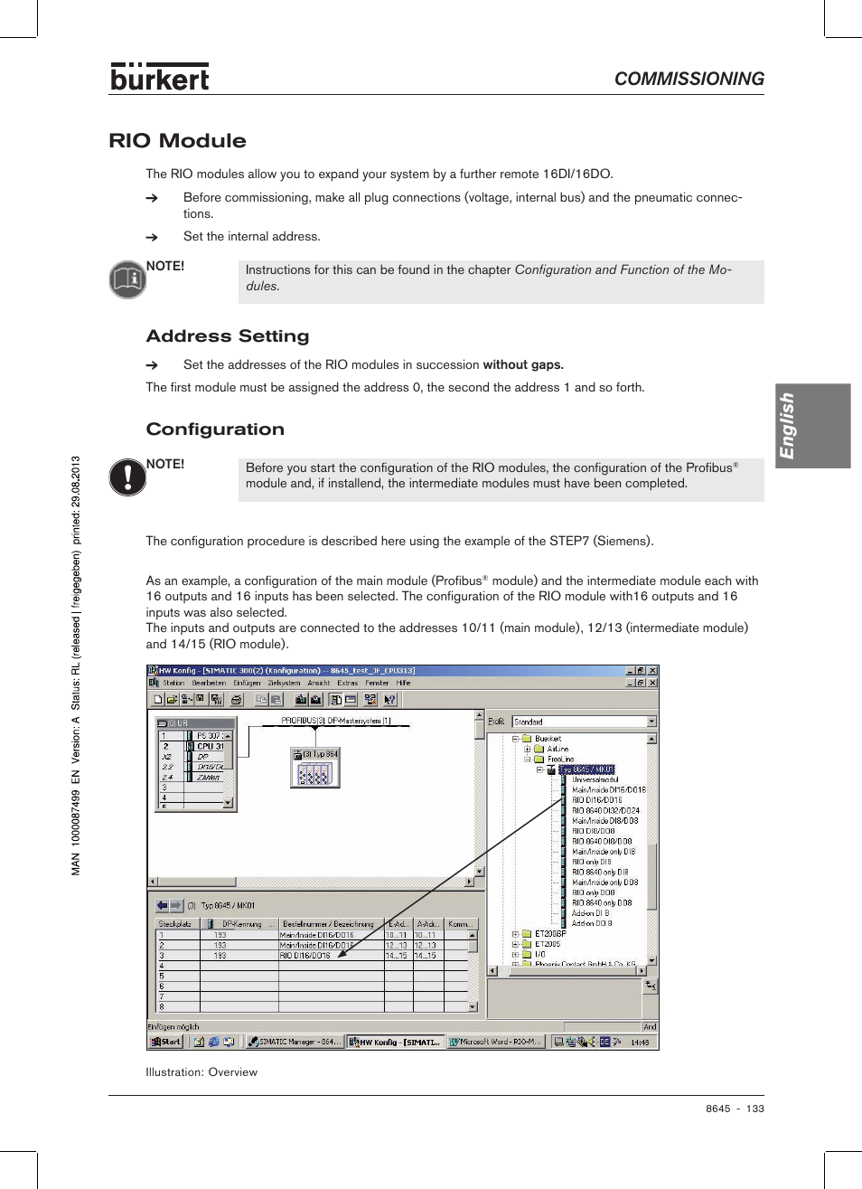 Rio module, Address setting, Configuration | Address setting  configuration, Commissioning english, Config�uration | Burkert Type 8645 User Manual | Page 133 / 174