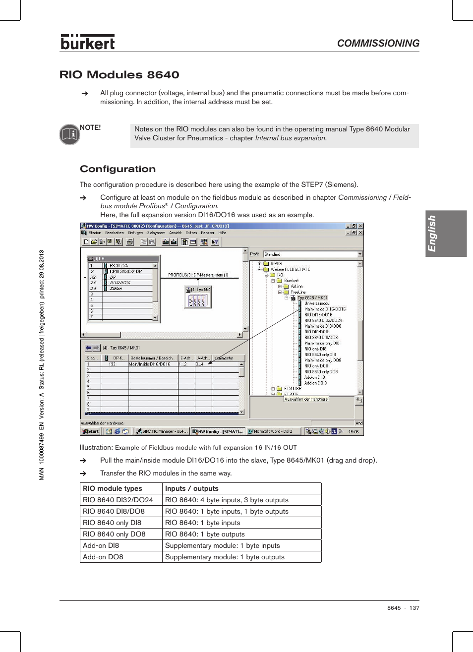 Rio modules 8640, Configuration, Rio modules 8640 7 | Configuration 7, Commissioning english, Config�uration | Burkert Type 8645 User Manual | Page 137 / 174