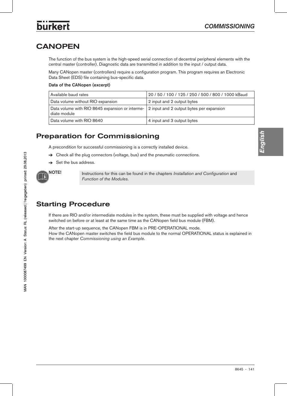 Canopen, Preparation for commissioning, Starting procedure | Starting� procedure, Commissioning english | Burkert Type 8645 User Manual | Page 141 / 174