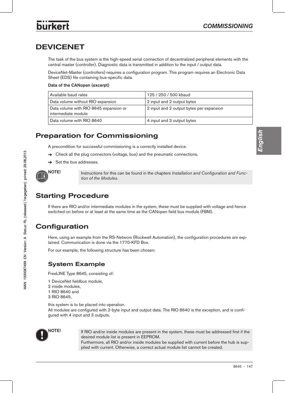 Devicenet, Preparation for commissioning, Starting procedure | Configuration, System example, Starting� procedure, Config�uration, Commissioning english | Burkert Type 8645 User Manual | Page 147 / 174