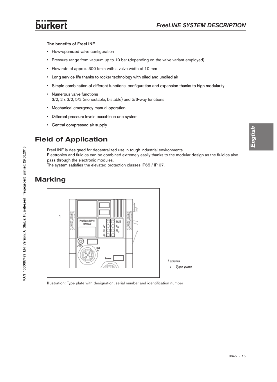 Field of application, Marking, Freeline system description english | Burkert Type 8645 User Manual | Page 15 / 174