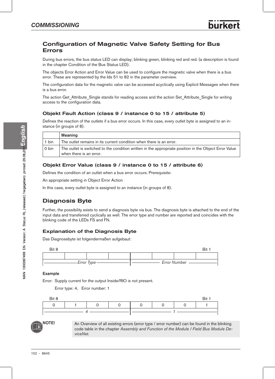 Diagnosis byte, Commissioning english, Diag�nosis byte | Burkert Type 8645 User Manual | Page 152 / 174