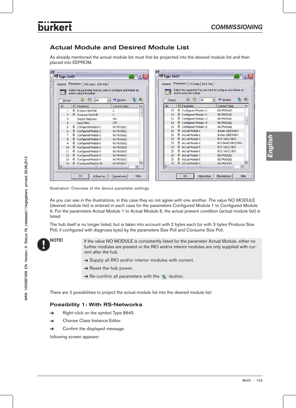 Actual module and desired module list, Commissioning english | Burkert Type 8645 User Manual | Page 153 / 174