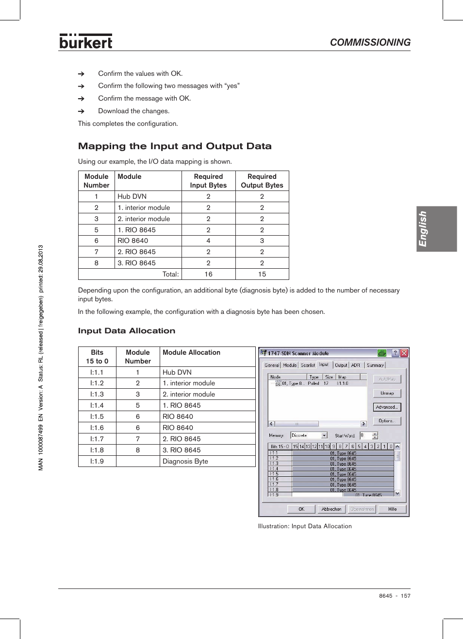 Mapping the input and output data, Commissioning english, Mapping� the input and output data | Burkert Type 8645 User Manual | Page 157 / 174