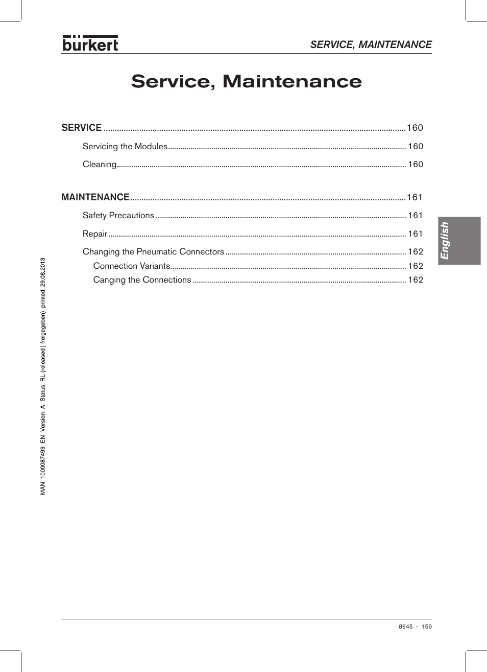 Service, maintenance | Burkert Type 8645 User Manual | Page 159 / 174