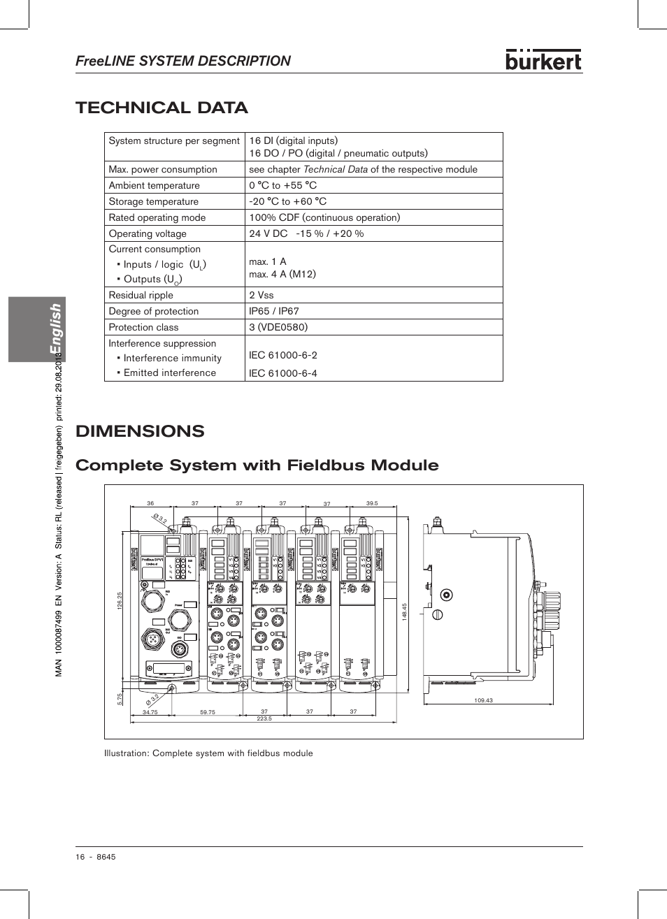 Technical data, Dimensions, Complete system with fieldbus module | Freeline system description english | Burkert Type 8645 User Manual | Page 16 / 174