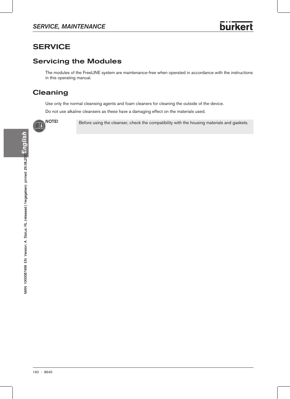 Service, Servicing the modules, Cleaning | Servicing� the modules | Burkert Type 8645 User Manual | Page 160 / 174