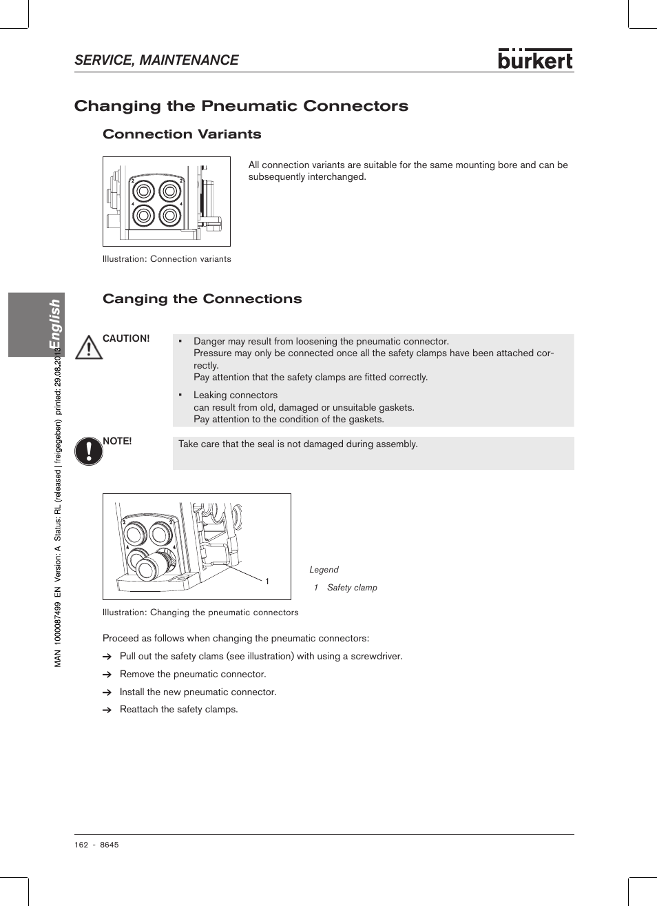 Changing the pneumatic connectors, Connection variants, Canging the connections | Connection variants canging the connections, Chang�ing� the pneumatic connectors, Service, maintenance english, Cang�ing� the connections | Burkert Type 8645 User Manual | Page 162 / 174