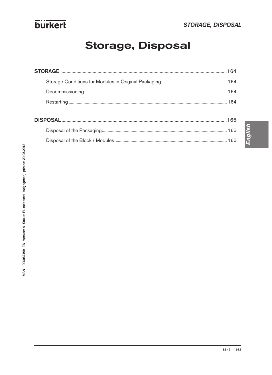 Storage, disposal, Storag�e, disposal | Burkert Type 8645 User Manual | Page 163 / 174