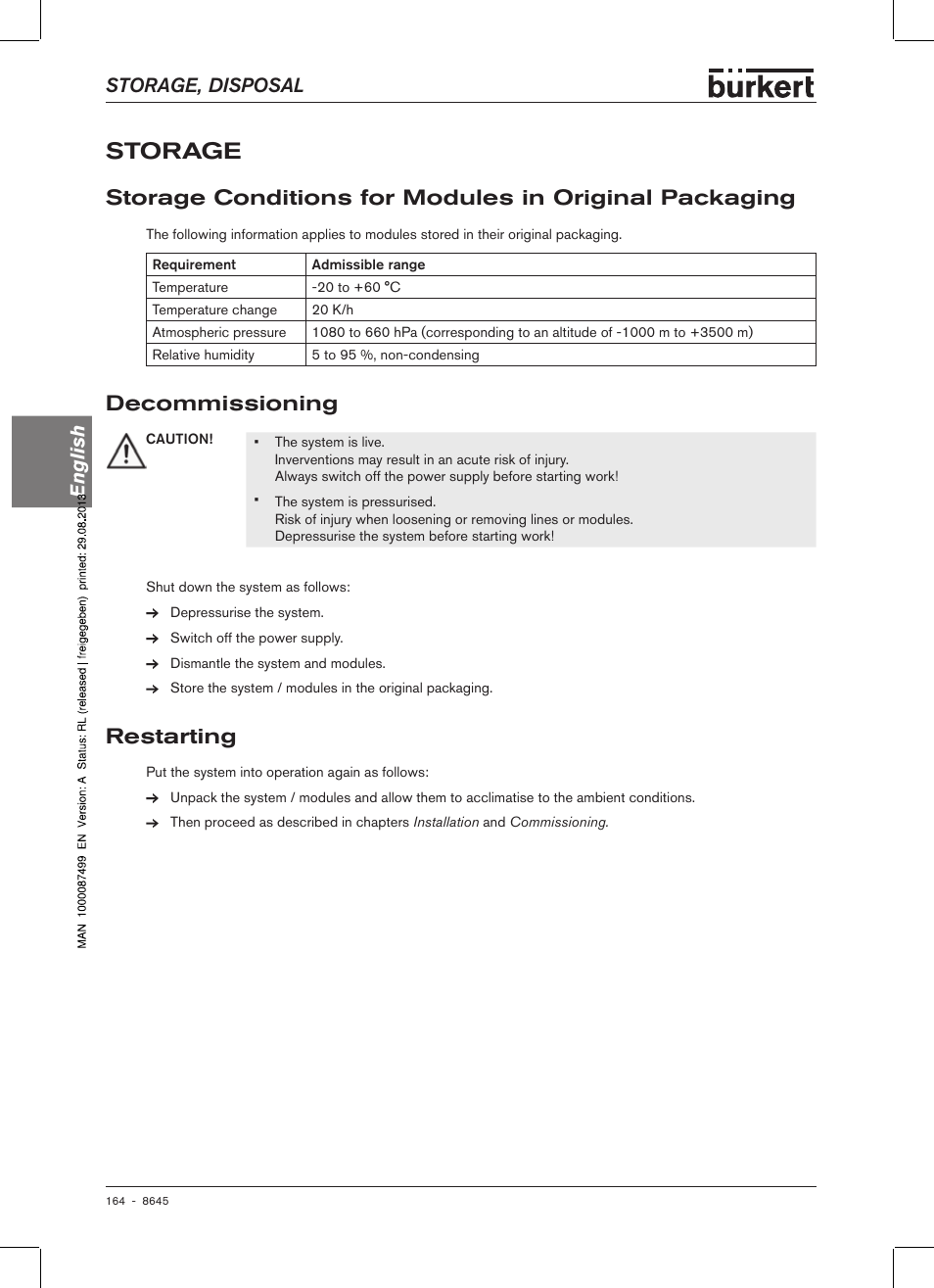 Storage, Decommissioning, Restarting | Storage, disposal english | Burkert Type 8645 User Manual | Page 164 / 174