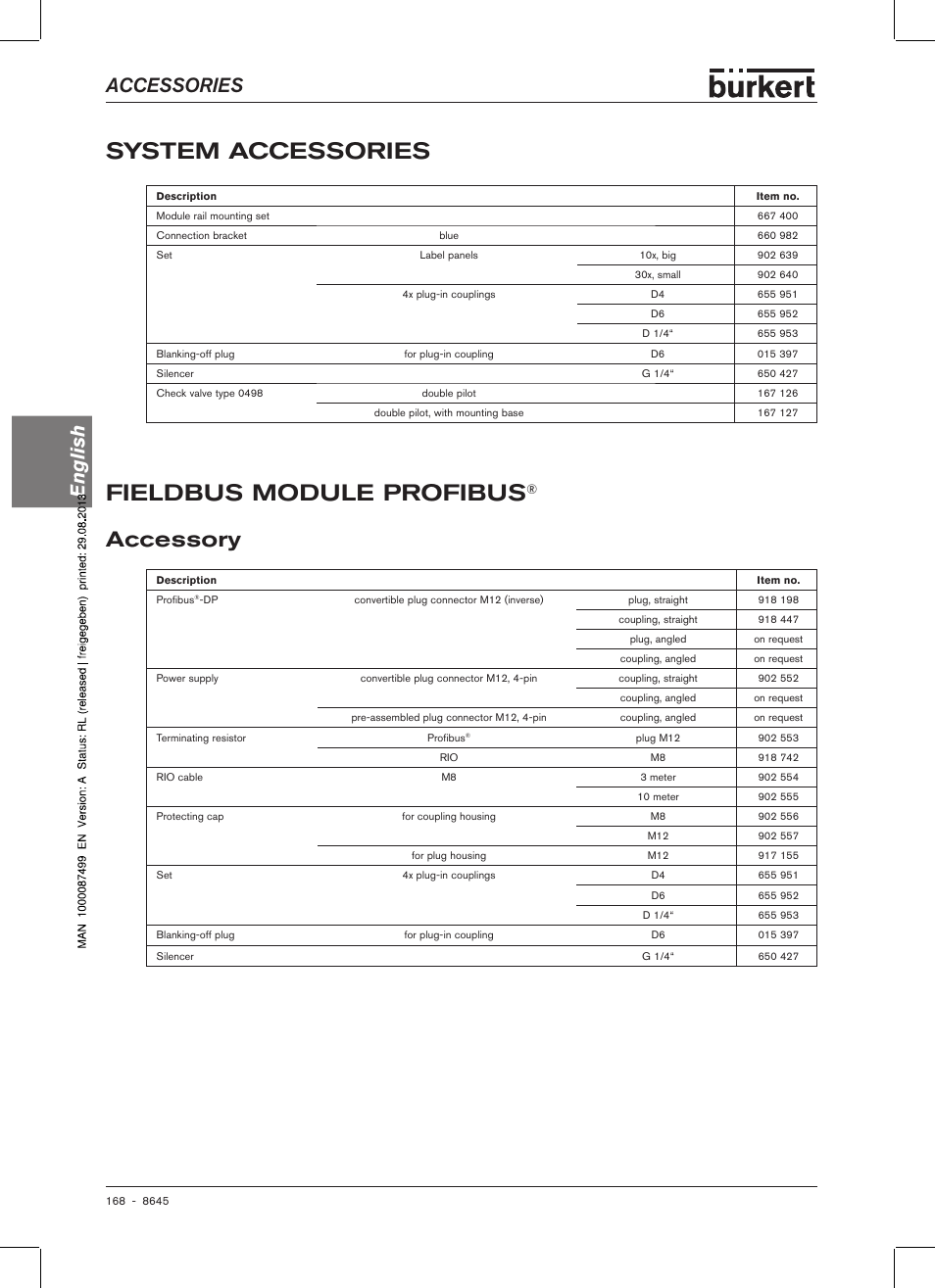 System accessories, Fieldbus module profibus, Accessory | Accessories english | Burkert Type 8645 User Manual | Page 168 / 174