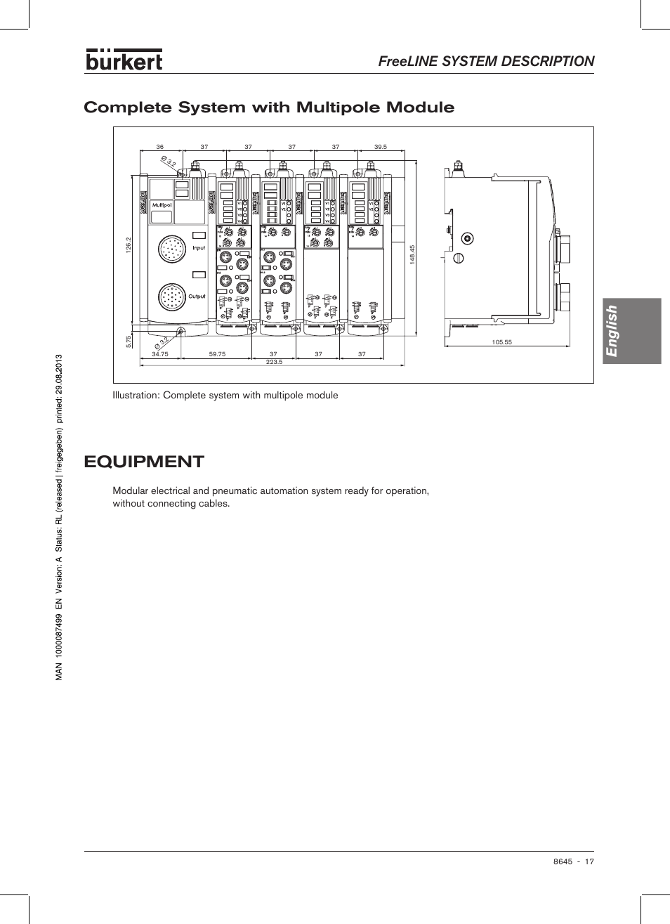 Equipment, Complete system with multipole module, Freeline system description english | Burkert Type 8645 User Manual | Page 17 / 174