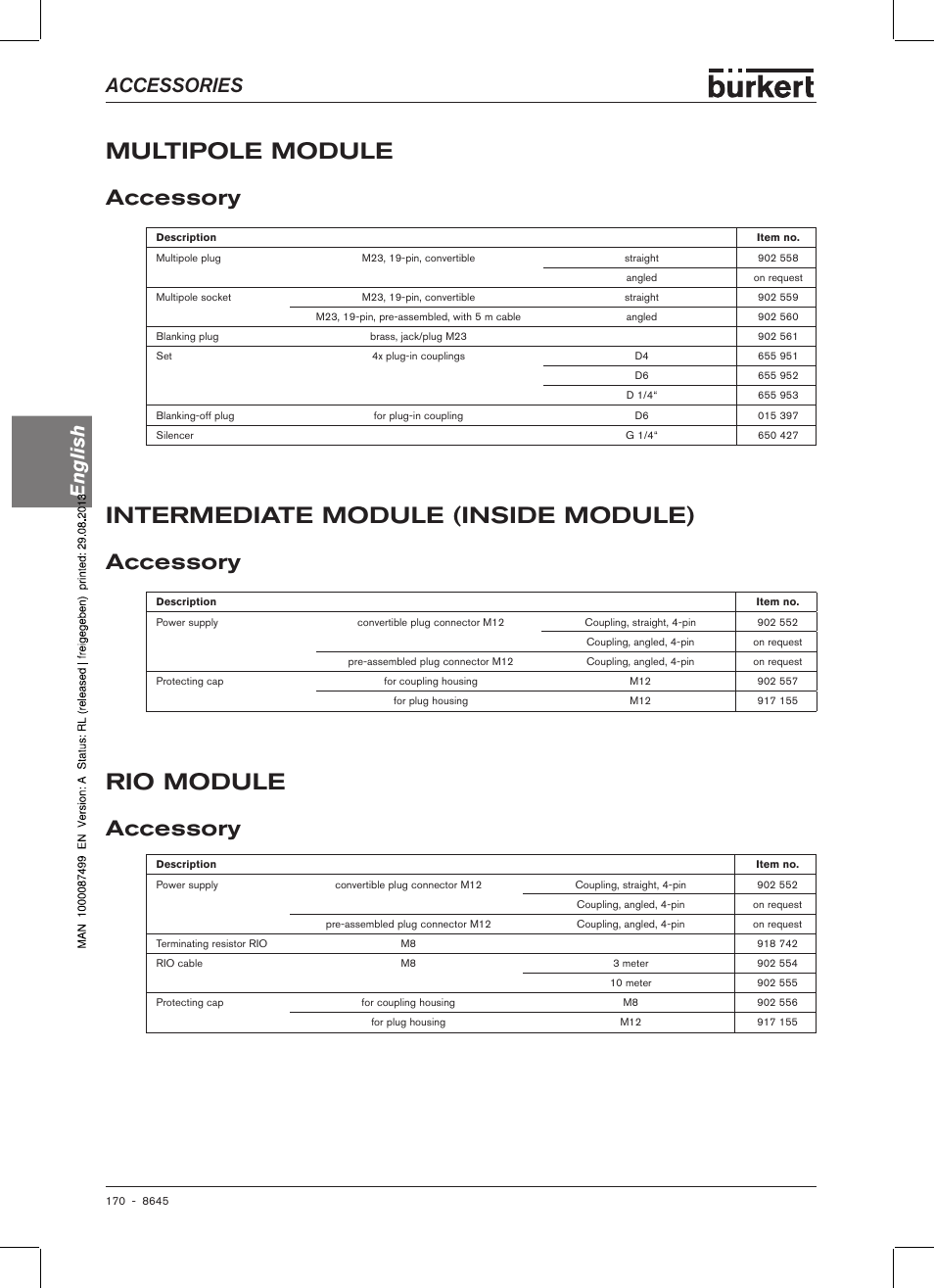 Multipole module, Intermediate module (inside module), Rio module | Accessory, Accessories english | Burkert Type 8645 User Manual | Page 170 / 174