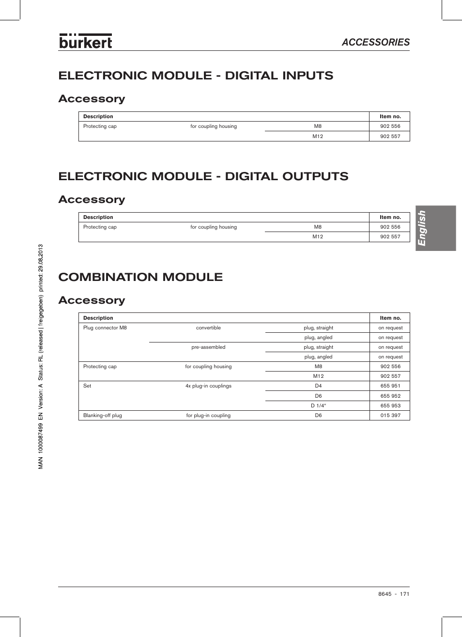 Electronic module - digital inputs, Electronic module - digital outputs, Combination module | Accessory, Accessories english | Burkert Type 8645 User Manual | Page 171 / 174