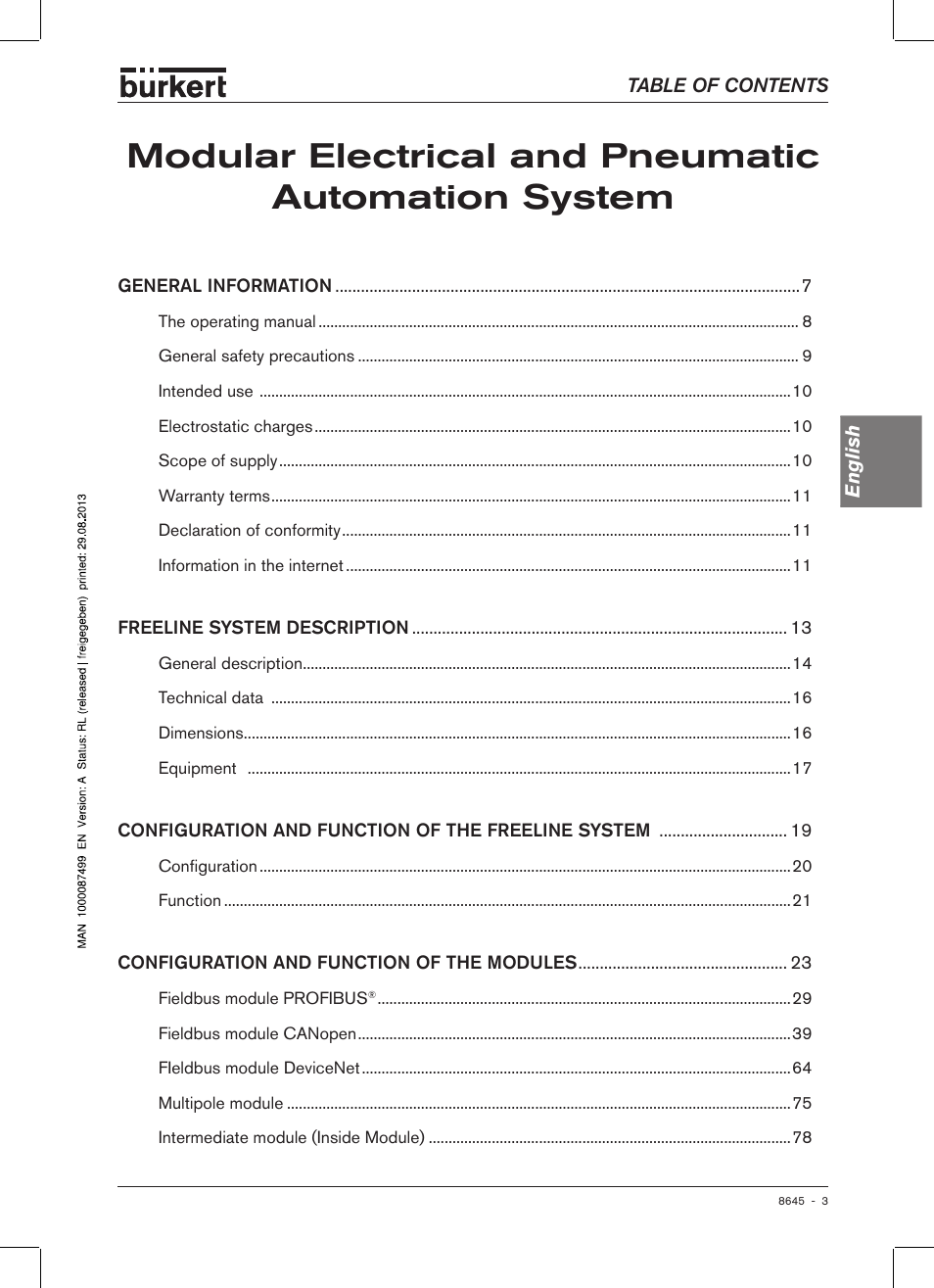 Modular electrical and pneumatic automation system | Burkert Type 8645 User Manual | Page 3 / 174