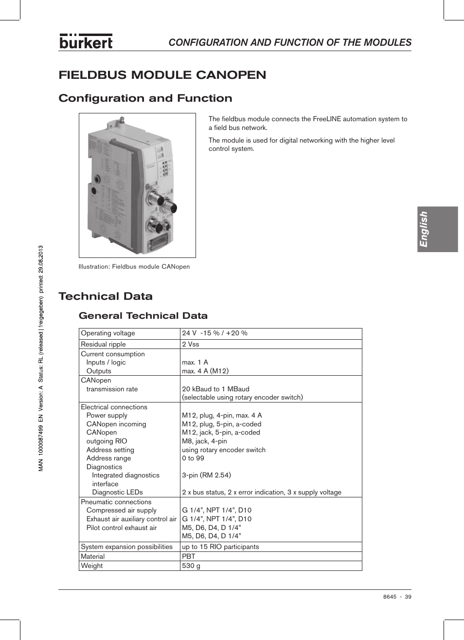 Fieldbus module canopen, Configuration and function, Technical data | General technical data, Config�uration and function, Configuration and function of the modules english | Burkert Type 8645 User Manual | Page 39 / 174