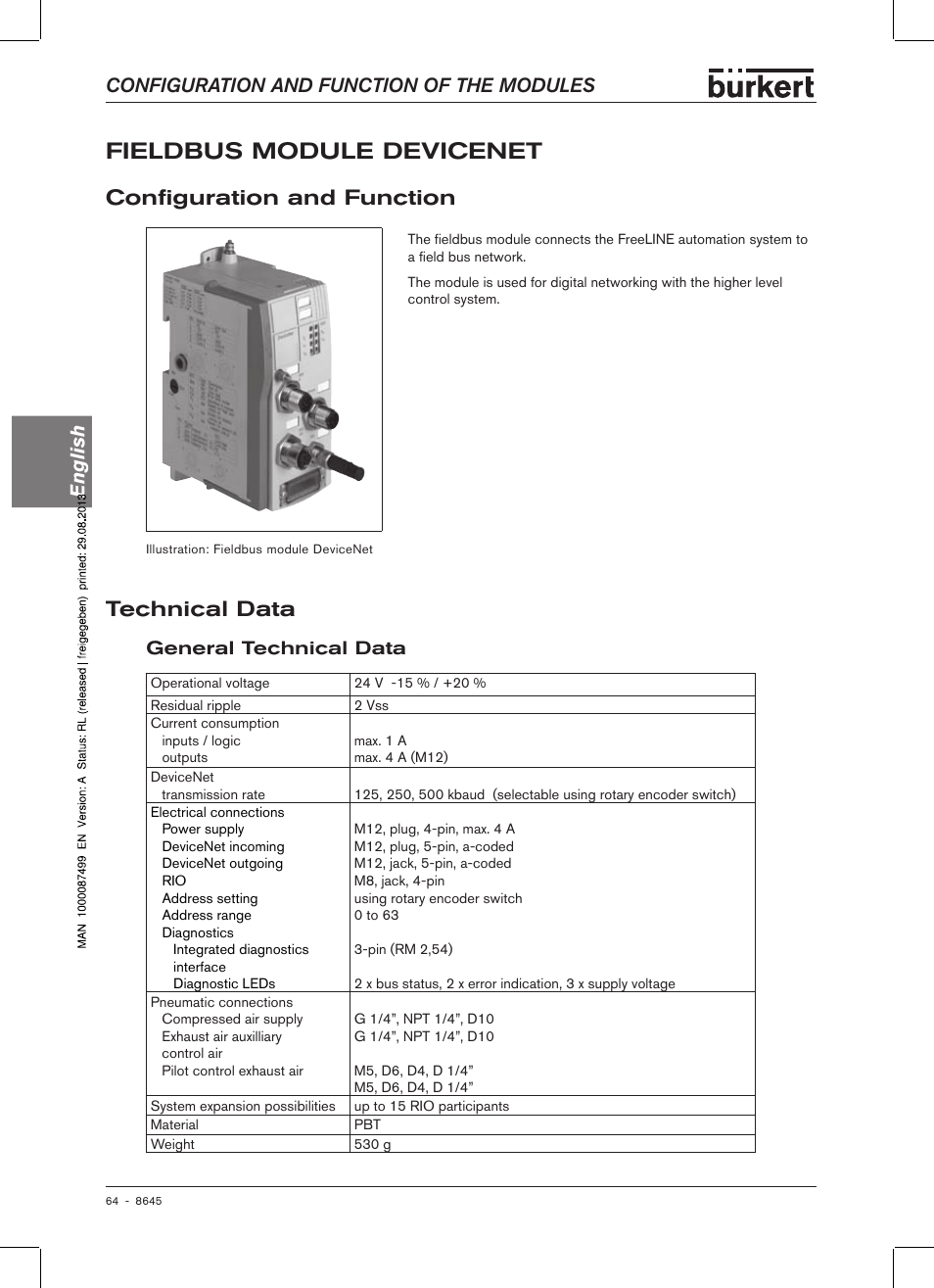 Fieldbus module devicenet, Configuration and function, Technical data | General technical data, Config�uration and function, Configuration and function of the modules english | Burkert Type 8645 User Manual | Page 64 / 174