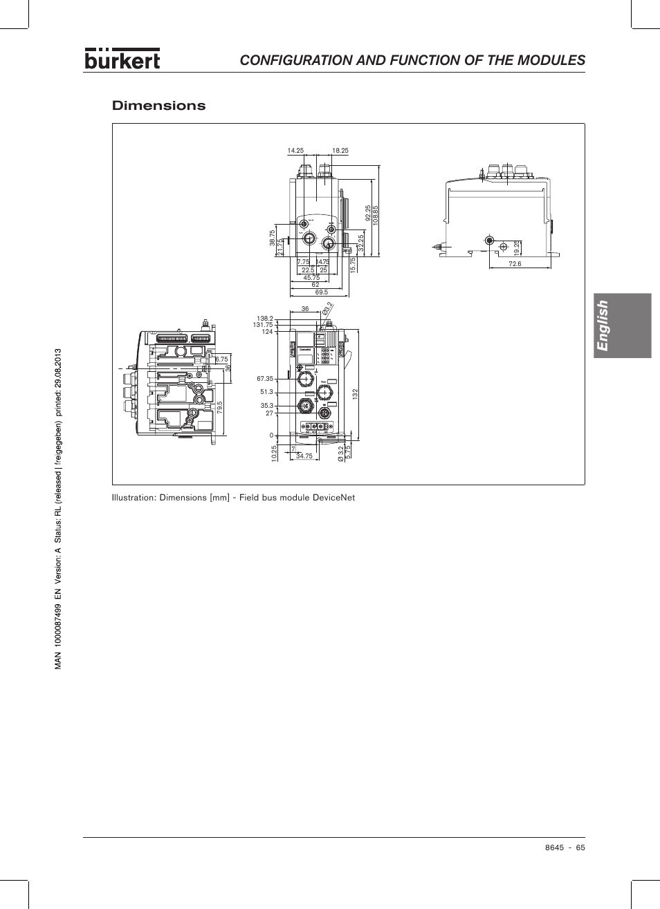 Dimensions, Configuration and function of the modules english | Burkert Type 8645 User Manual | Page 65 / 174