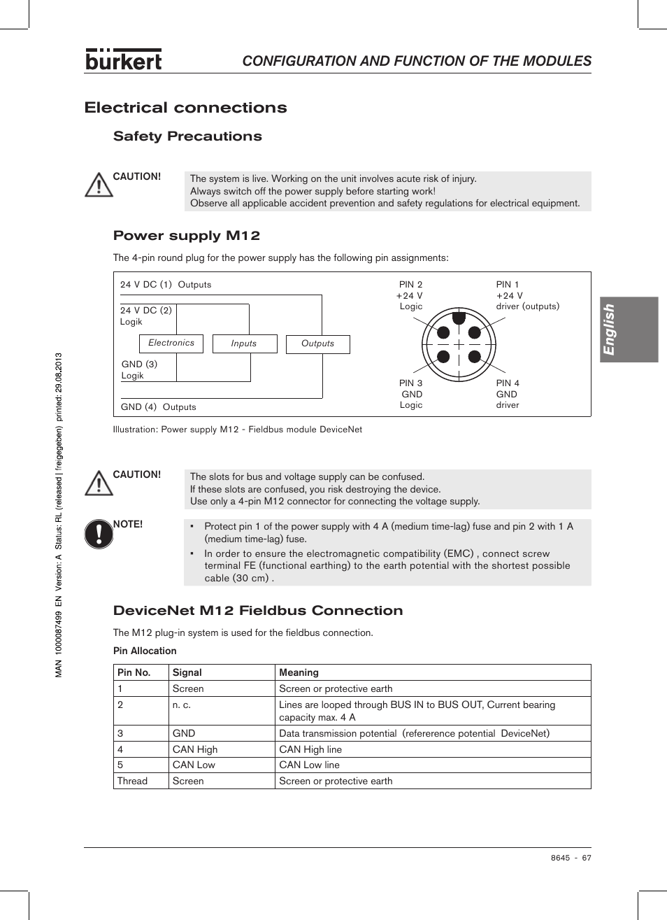 Electrical connections, Safety precautions, Power supply m12 | Devicenet m12 fieldbus connection, Configuration and function of the modules english | Burkert Type 8645 User Manual | Page 67 / 174