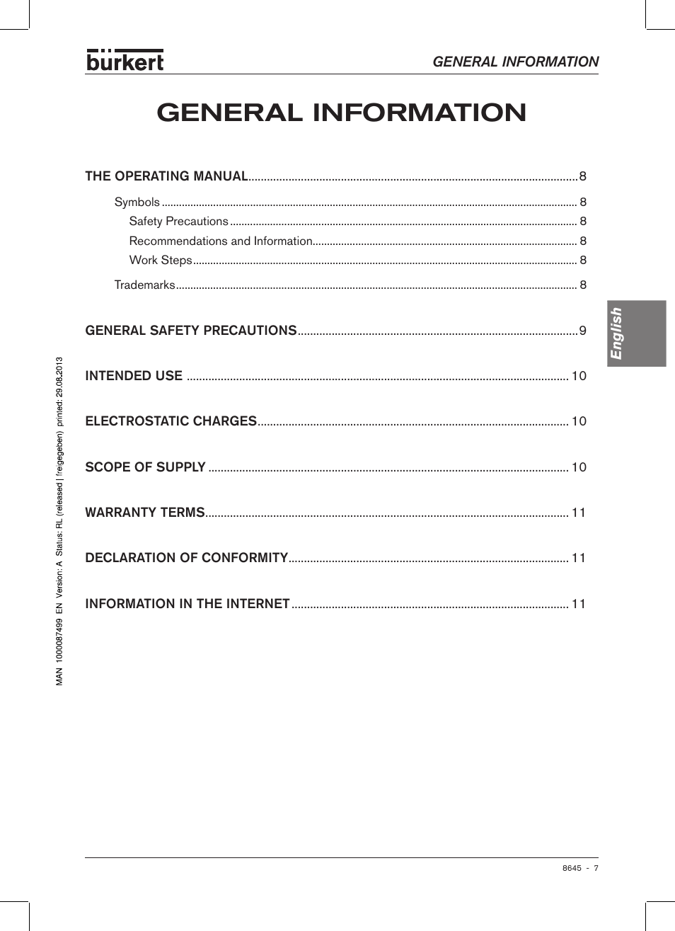 General information | Burkert Type 8645 User Manual | Page 7 / 174