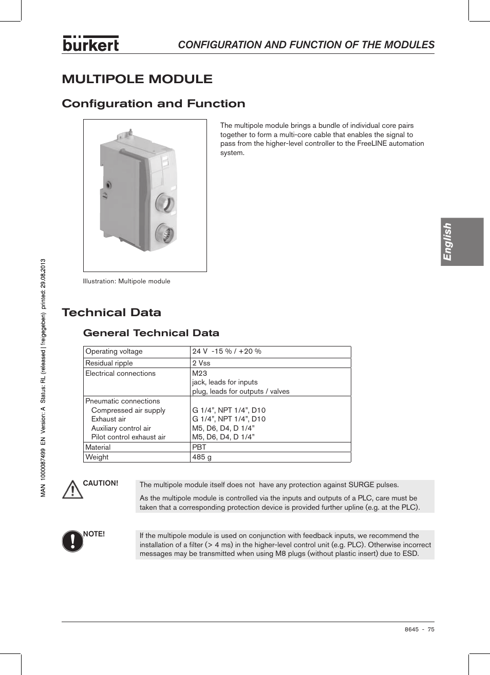 Multipole module, Configuration and function, Technical data | General technical data, Config�uration and function, Configuration and function of the modules english | Burkert Type 8645 User Manual | Page 75 / 174