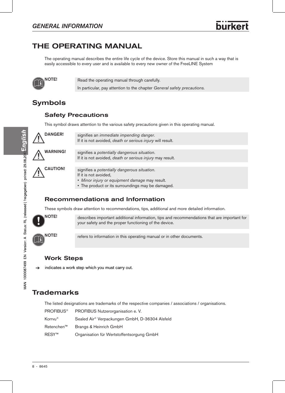 The operating manual, Symbols, Safety precautions | Recommendations and information, Work steps, Trademarks, General information english | Burkert Type 8645 User Manual | Page 8 / 174