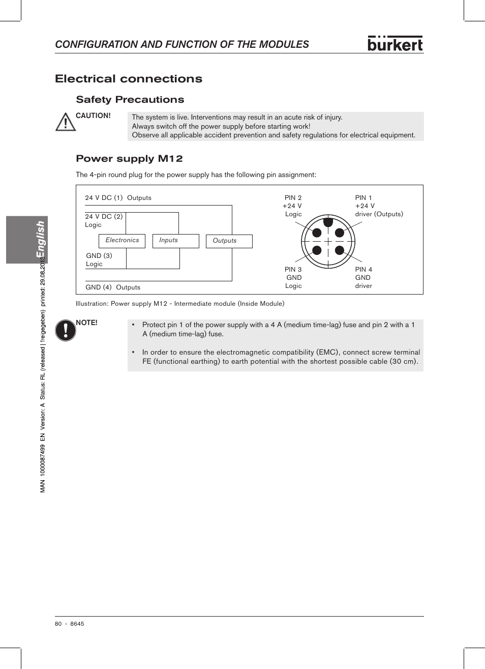 Electrical connections, Safety precautions, Power supply m12 | Safety precautions power supply m12, Configuration and function of the modules english | Burkert Type 8645 User Manual | Page 80 / 174