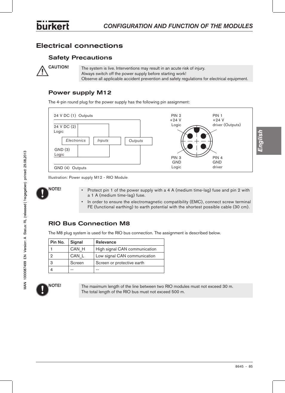 Electrical connections, Safety precautions, Power supply m12 | Rio bus connection m8, Configuration and function of the modules english | Burkert Type 8645 User Manual | Page 85 / 174