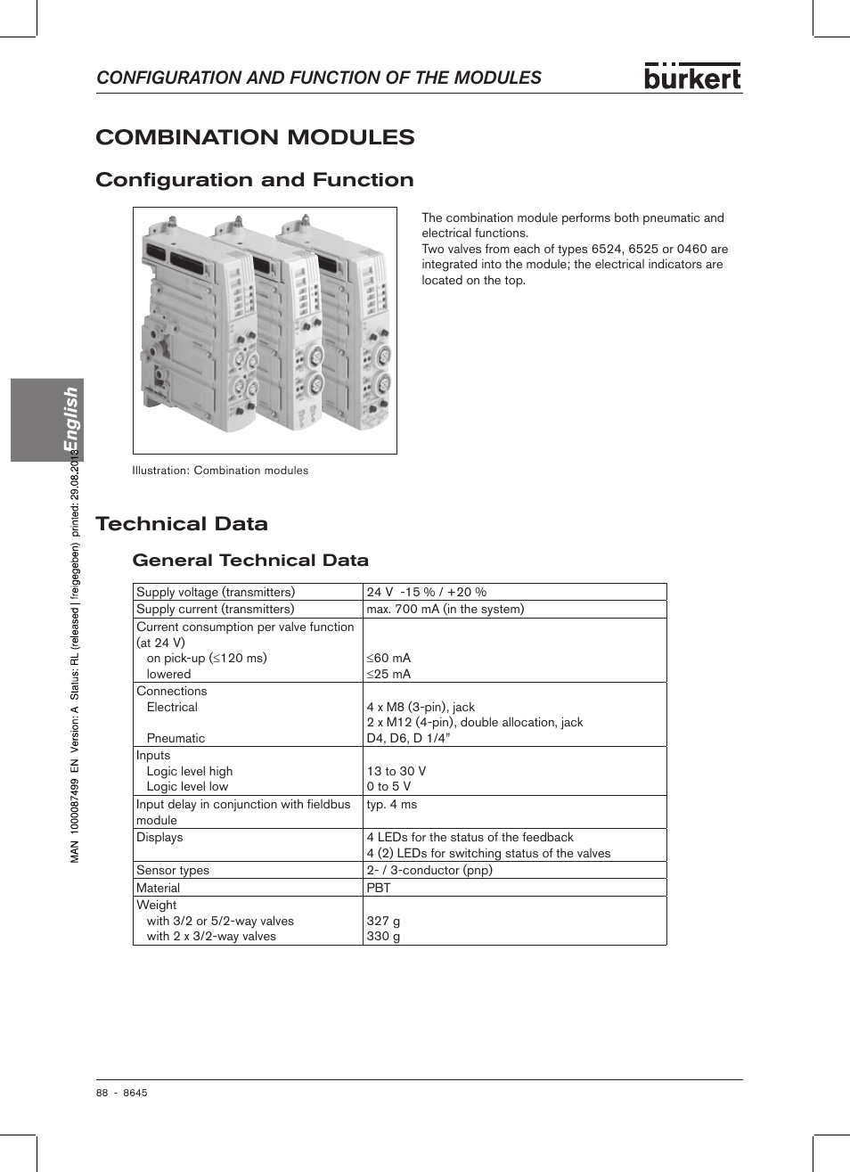 Combination modules, Configuration and function, Technical data | General technical data, Config�uration and function, Configuration and function of the modules english | Burkert Type 8645 User Manual | Page 88 / 174