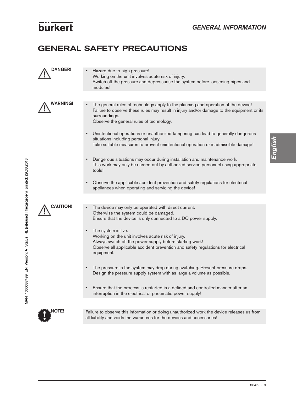 General safety precautions, General information english | Burkert Type 8645 User Manual | Page 9 / 174