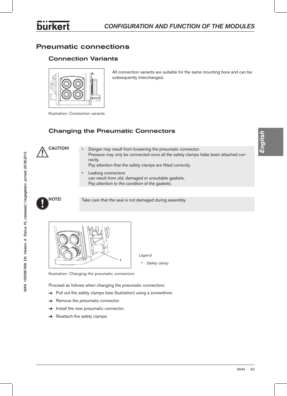 Pneumatic connections, Connection variants, Changing the pneumatic connectors | Configuration and function of the modules english, Chang�ing� the pneumatic connectors | Burkert Type 8645 User Manual | Page 93 / 174