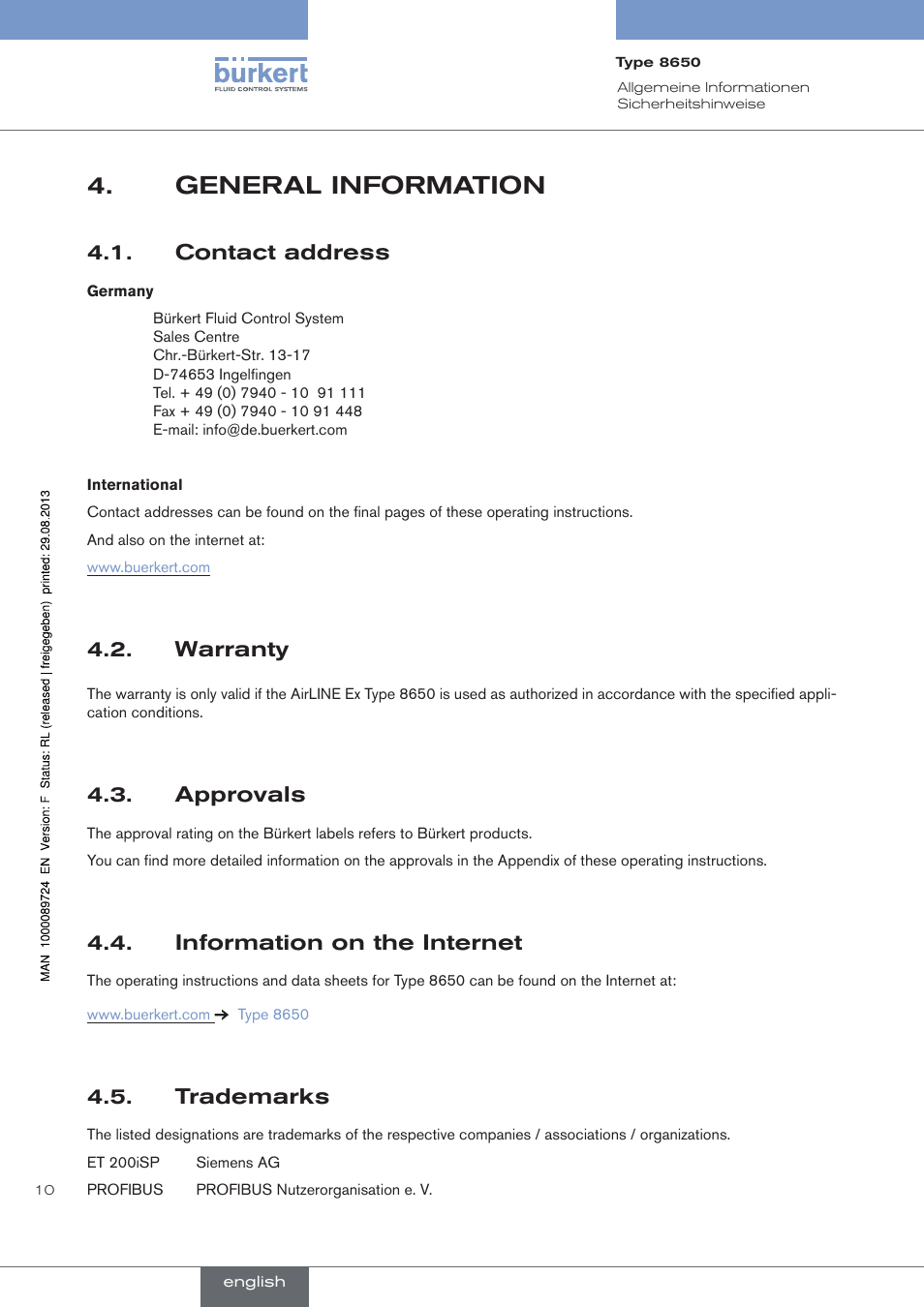 General information, Contact address, Warranty | Approvals, Information on the internet, Trademarks, General.information, . contact.address, . warranty, . approvals | Burkert Type 8650 User Manual | Page 10 / 156