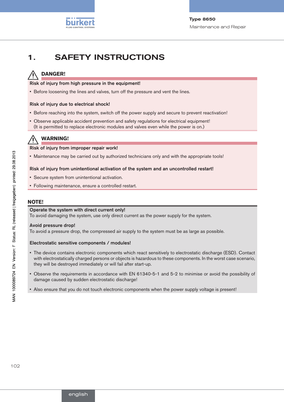 Safety instructions, Safety.instructions | Burkert Type 8650 User Manual | Page 102 / 156