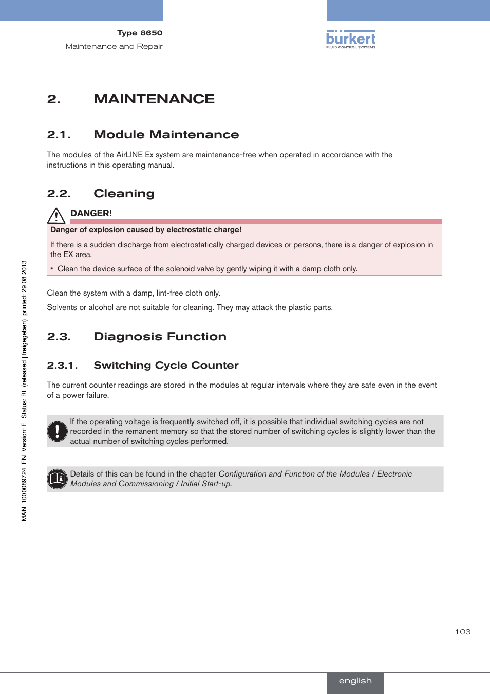 Maintenance, . module.maintenance, . cleaning | . diagnosis.function, Module maintenance, Cleaning, Diagnosis function | Burkert Type 8650 User Manual | Page 103 / 156