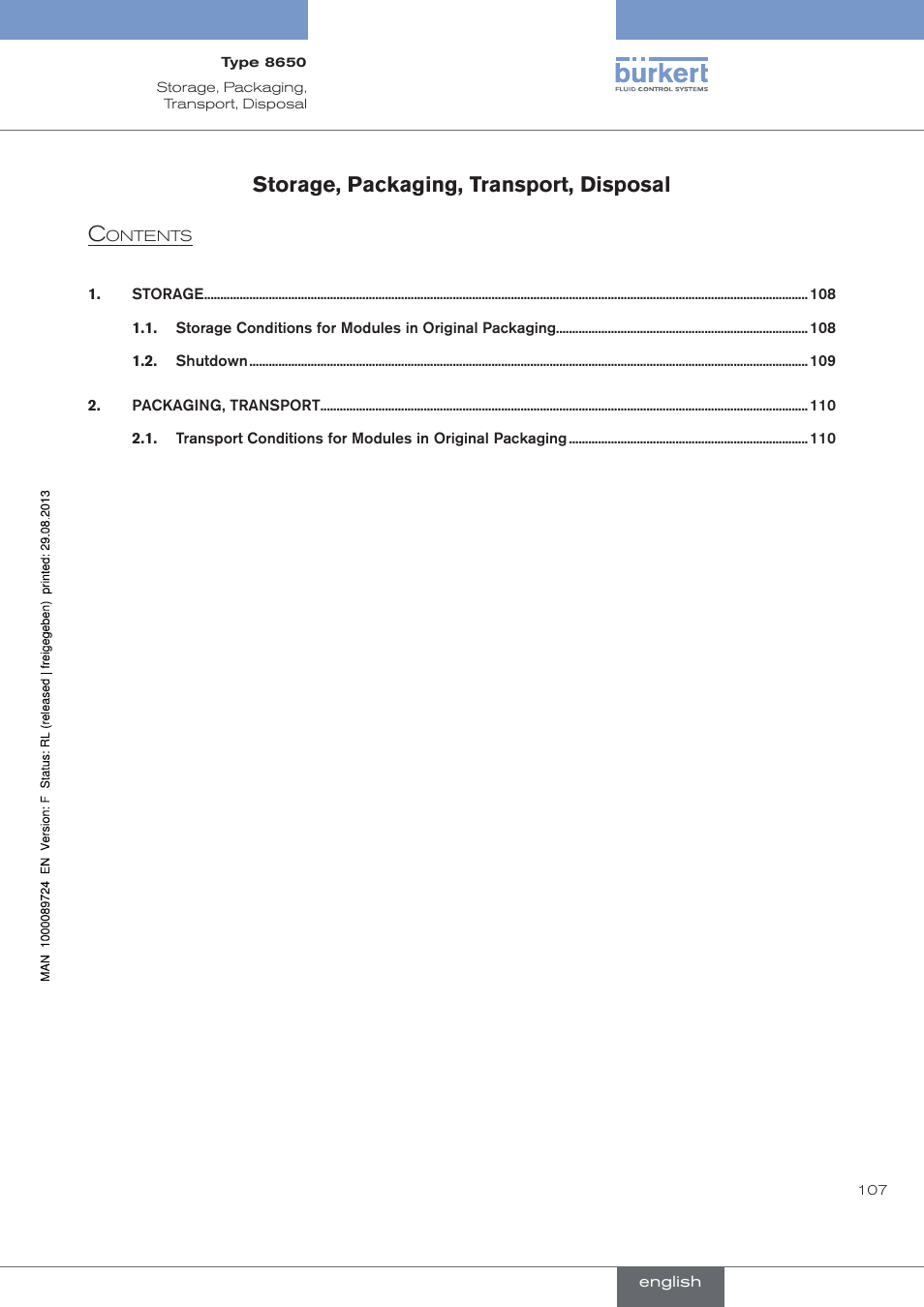 Storage, packaging, transport, disposal, Storage, packaging, transport, disposal c | Burkert Type 8650 User Manual | Page 107 / 156