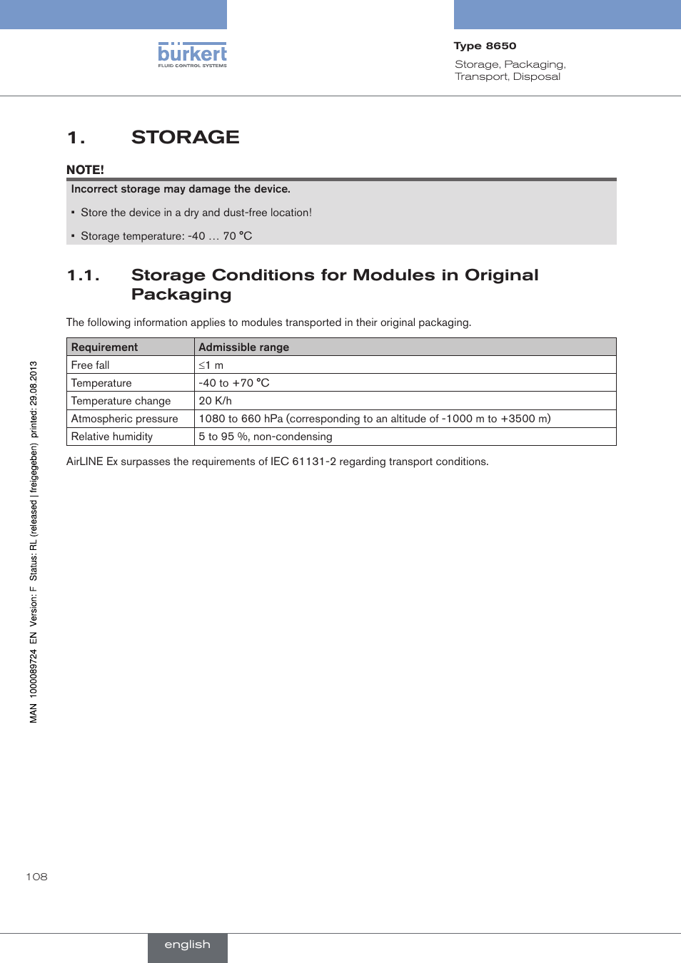 Storage | Burkert Type 8650 User Manual | Page 108 / 156