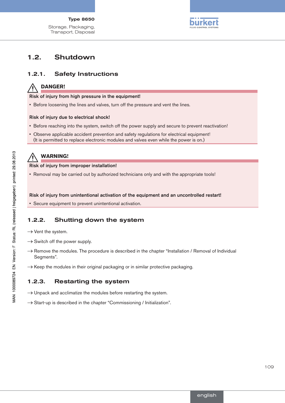 . shutdown, Shutdown | Burkert Type 8650 User Manual | Page 109 / 156