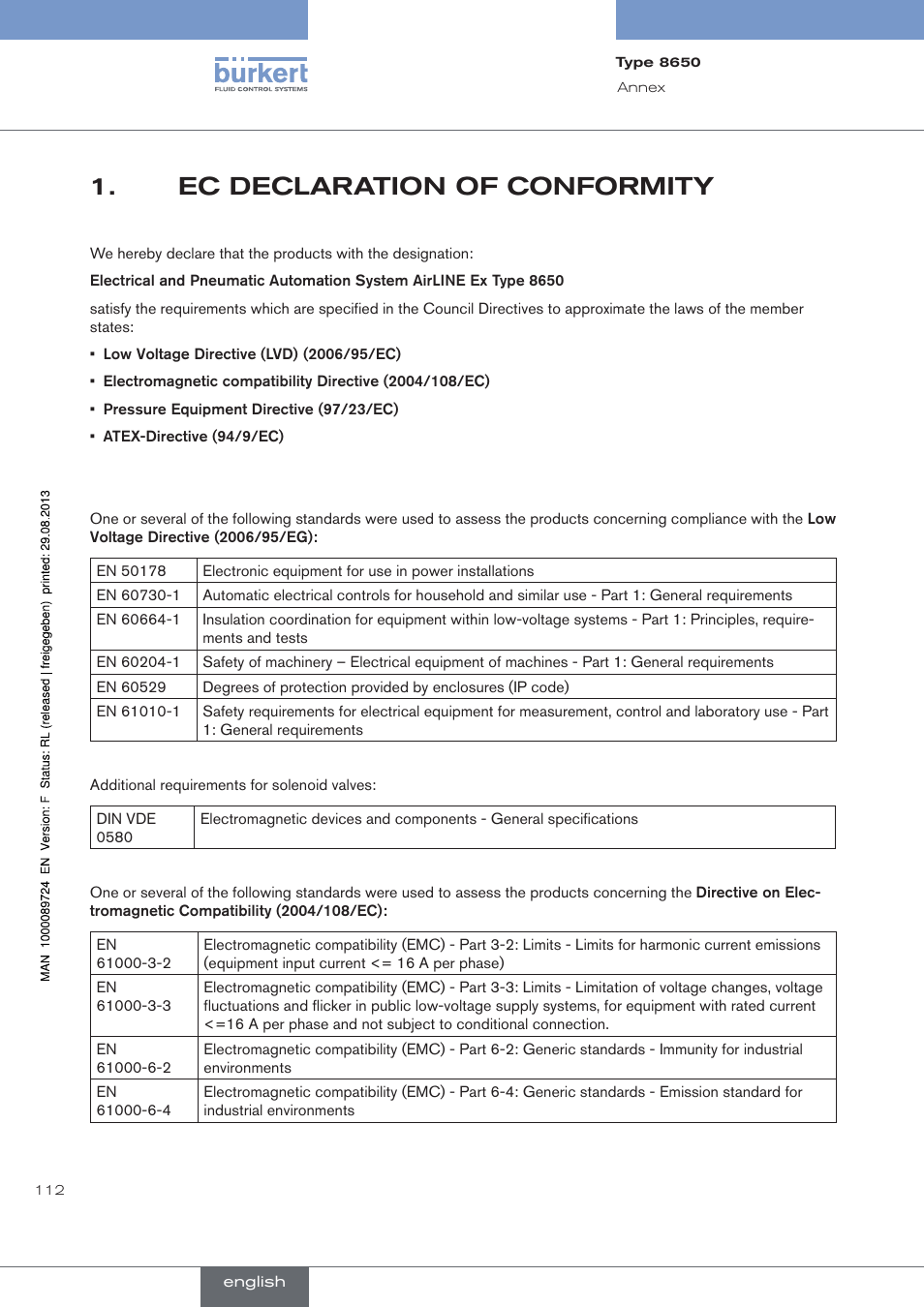 Ec declaration of conformity, Ec.declaration.of.conformity | Burkert Type 8650 User Manual | Page 112 / 156