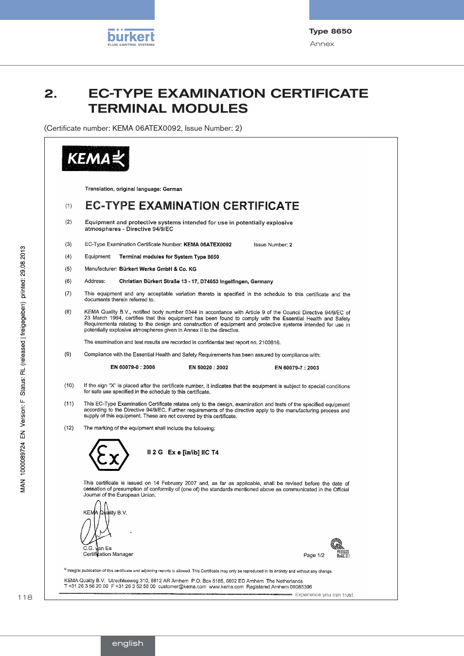 Ec-type examination certificate terminal modules, Ec-type.examination.certificate.terminal.modules | Burkert Type 8650 User Manual | Page 118 / 156